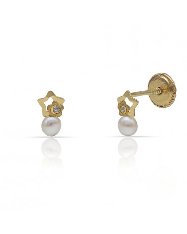 Pendientes oro 18k estrella perla circonita tornillo 4x7mm