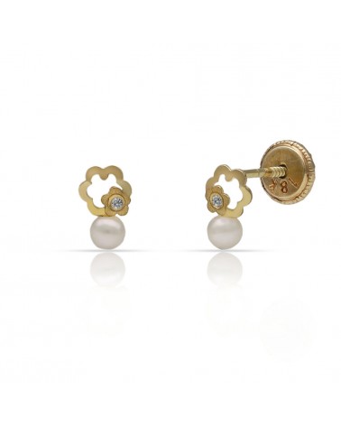 Pendientes oro 18k tornillo flor perla circonita 4x7mm