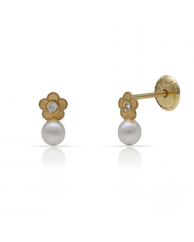 Pendientes oro 18k flor perla circonita tornillo 4x7mm