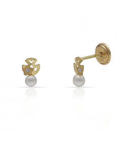 Pendientes oro 18k tornillo trébol perla circonita 4x7mm