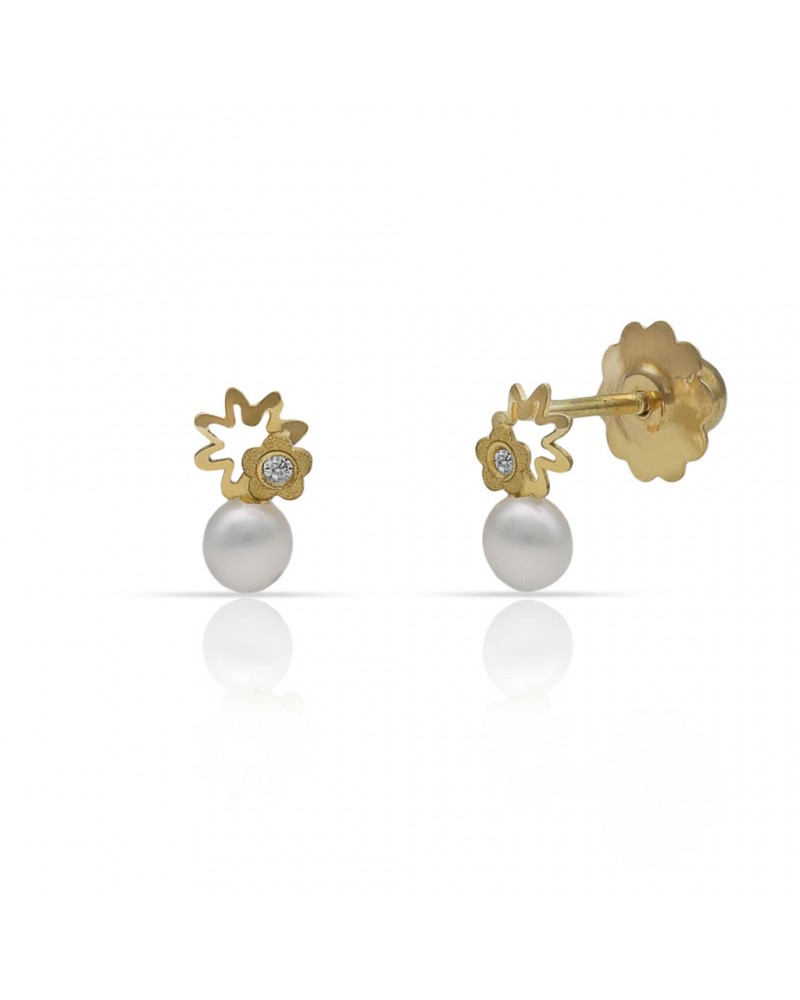 Pendientes oro 18k tornillo estrella circonita perla 4x7mm