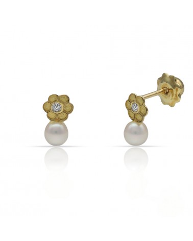 Pendientes oro 18k flor circonita perla cierre tornillo