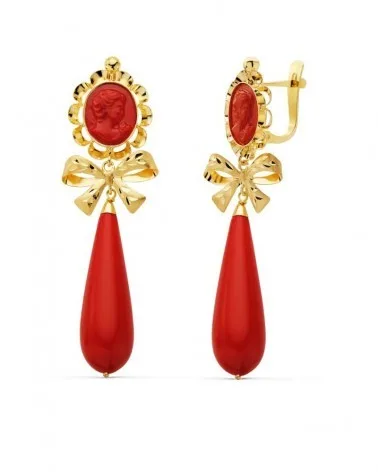 Pendientes oro amarillo 18K camafeo turquesa lazo 62x18 mm
