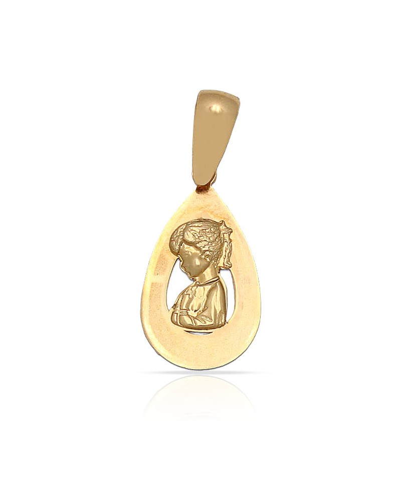 Medalla oro 18k Virgen Niña lágrima 9x16mm