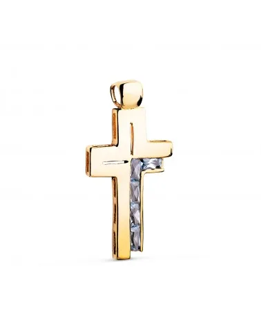 Cruz oro 18k amarillo piedras baguette circonitas aguamarina 31x15 mm