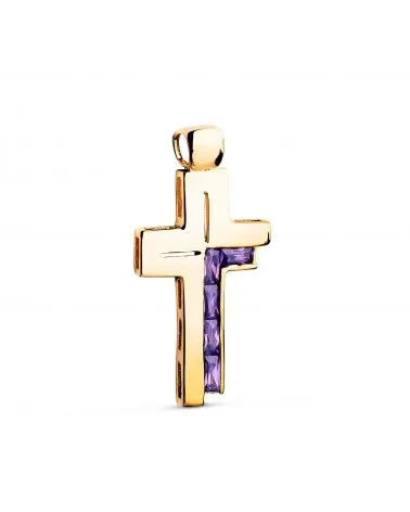 Cruz oro 18k amarillo piedras baguette circonitas amatista 31x15 mm