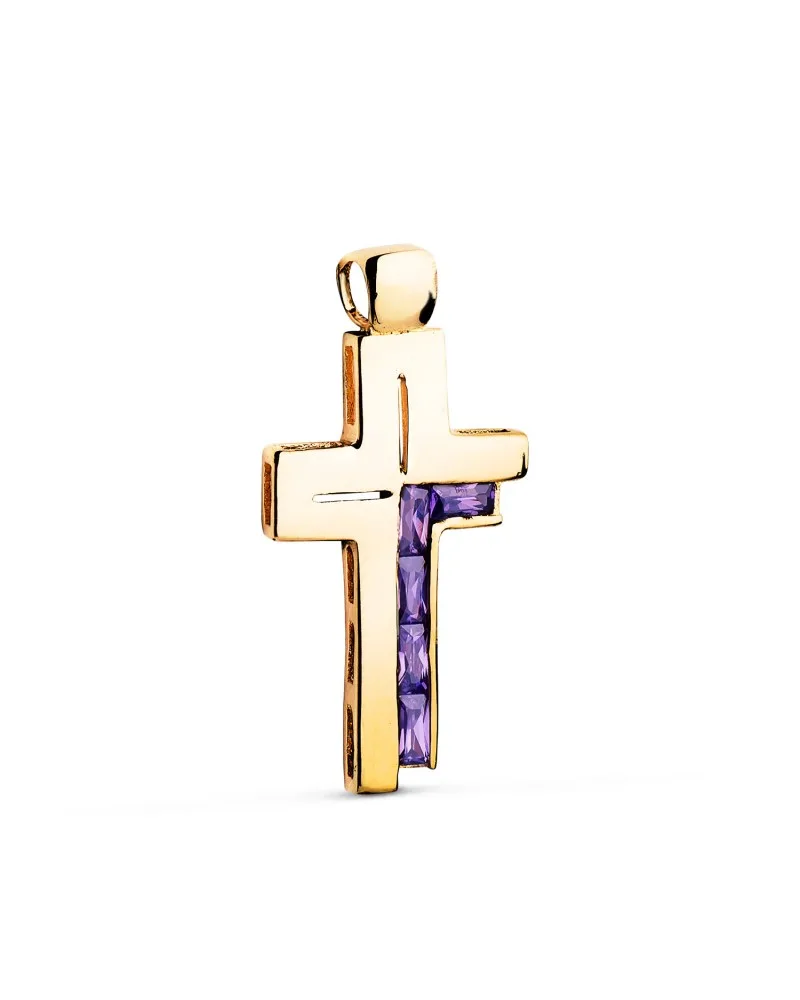 Cruz oro 18k amarillo piedras baguette circonitas amatista 31x15 mm