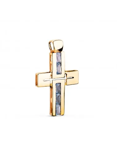 Cruz oro 18k amarillo piedras baguette circonitas aguamarina 29x18 mm