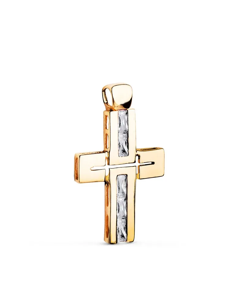 Cruz oro 18k amarillo piedras baguette circonitas blancas 29x18 mm