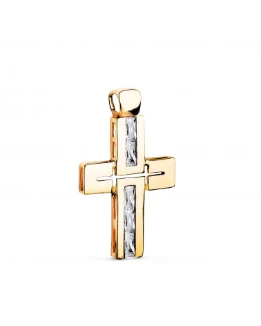Cruz oro 18k amarillo piedras baguette circonitas blancas 29x18 mm