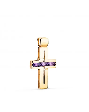 Cruz oro 18k amarillo piedras baguette circonitas amatista 25x13 mm