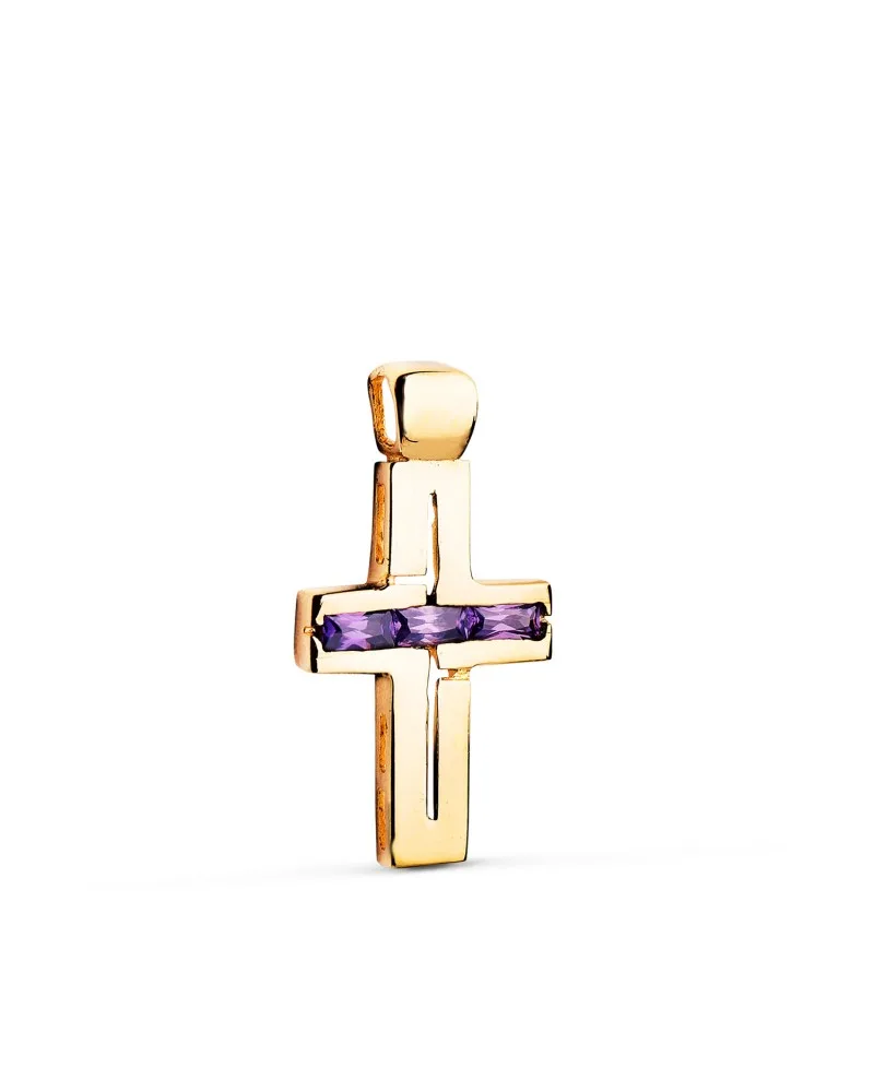 Cruz oro 18k amarillo piedras baguette circonitas amatista 25x13 mm