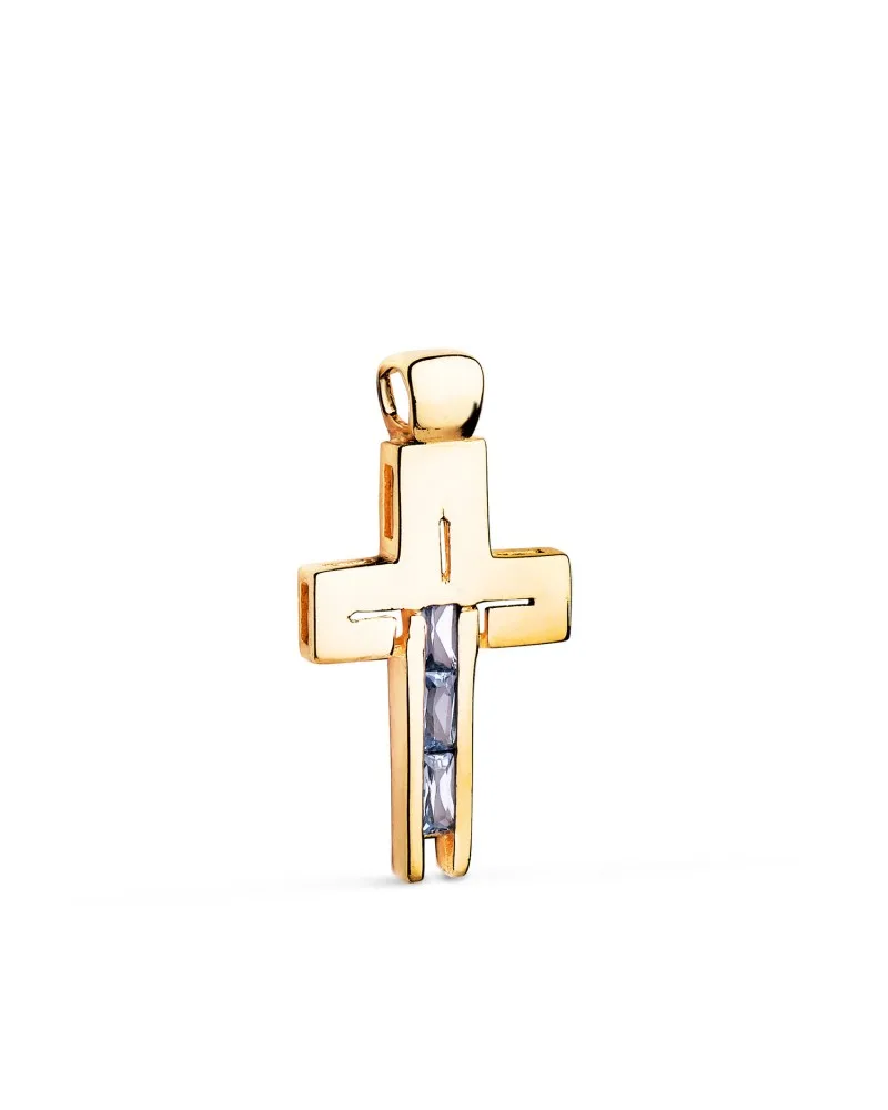 Cruz oro 18k amarillo piedras baguette circonitas aguamarina 27x14 mm