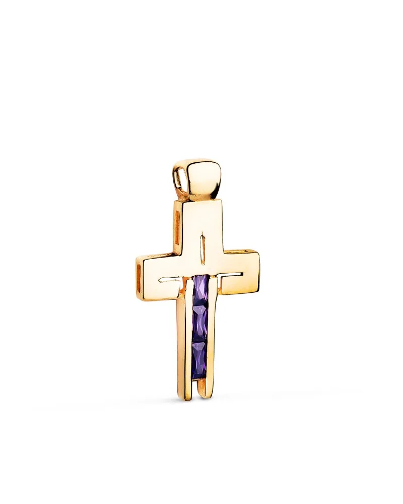 Cruz oro 18k amarillo piedras baguette circonitas amatista 27x14 mm