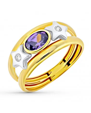 Sortija oro 18k bicolor doble cuerpo con estrellas