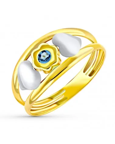 Sortija oro 18k bicolor doble cuerpo con corazones y flor