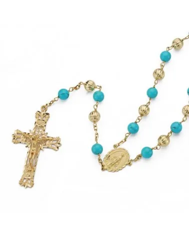 Rosario oro 18k amarillo bolas y turquesas oro amarillo