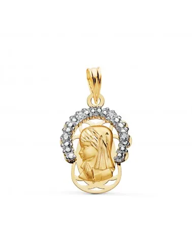 Colgante oro 18k bicolor Virgen Niña corona con circonitas