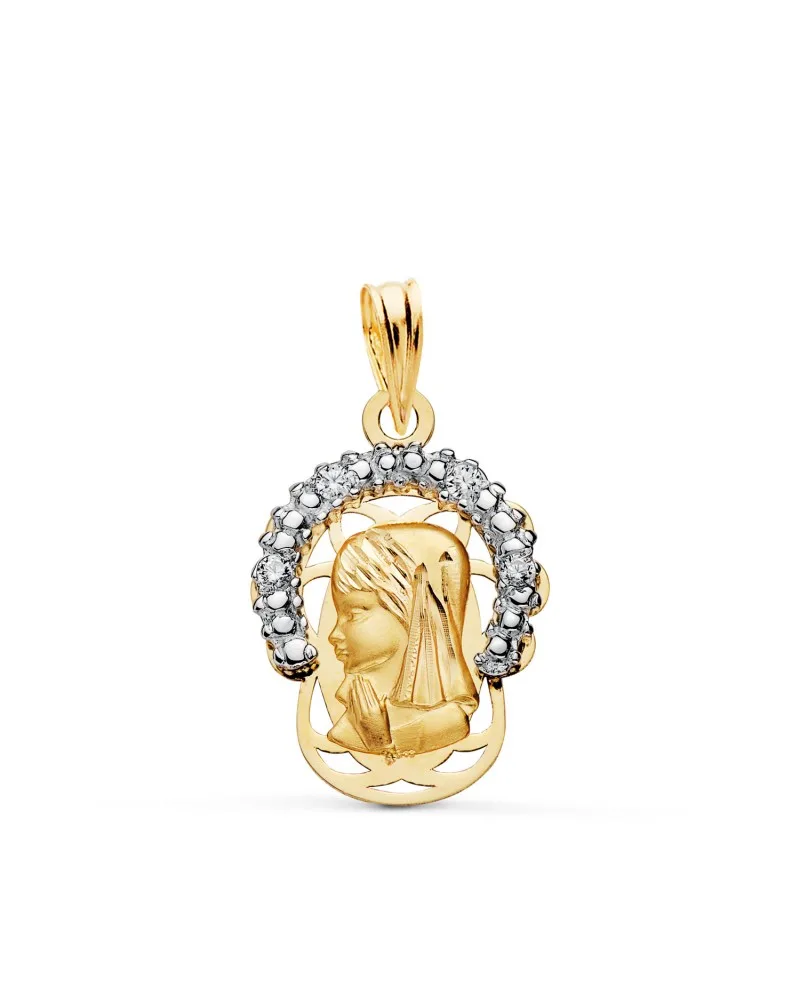 Colgante oro 18k bicolor Virgen Niña corona con circonitas