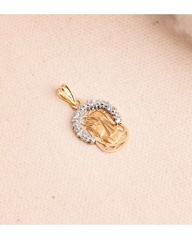 Colgante oro 18k bicolor Virgen Niña corona con circonitas