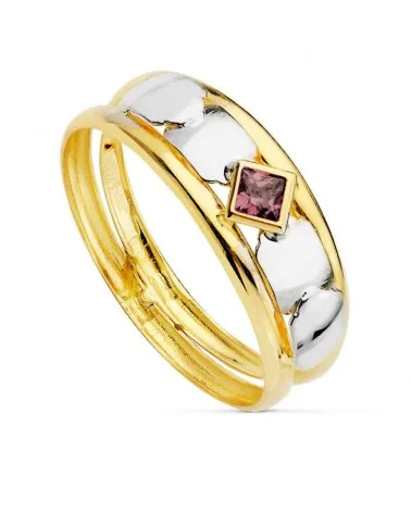 Sortija oro 18k bicolor doble cuerpo con chapas y circonita