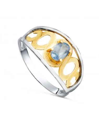 Sortija oro 18k bicolor motivos calada y piedra oval
