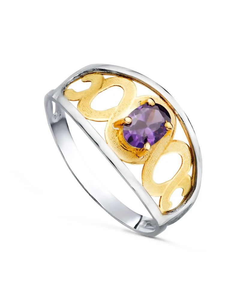 Sortija oro 18k bicolor motivos calada y piedra oval amatista