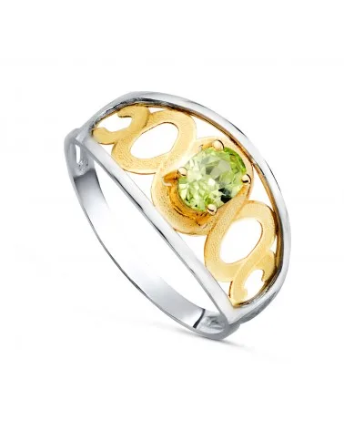 Sortija oro 18k bicolor motivos calada y piedra oval olivina
