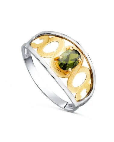 Sortija oro 18k bicolor motivos calada y piedra oval peridoto