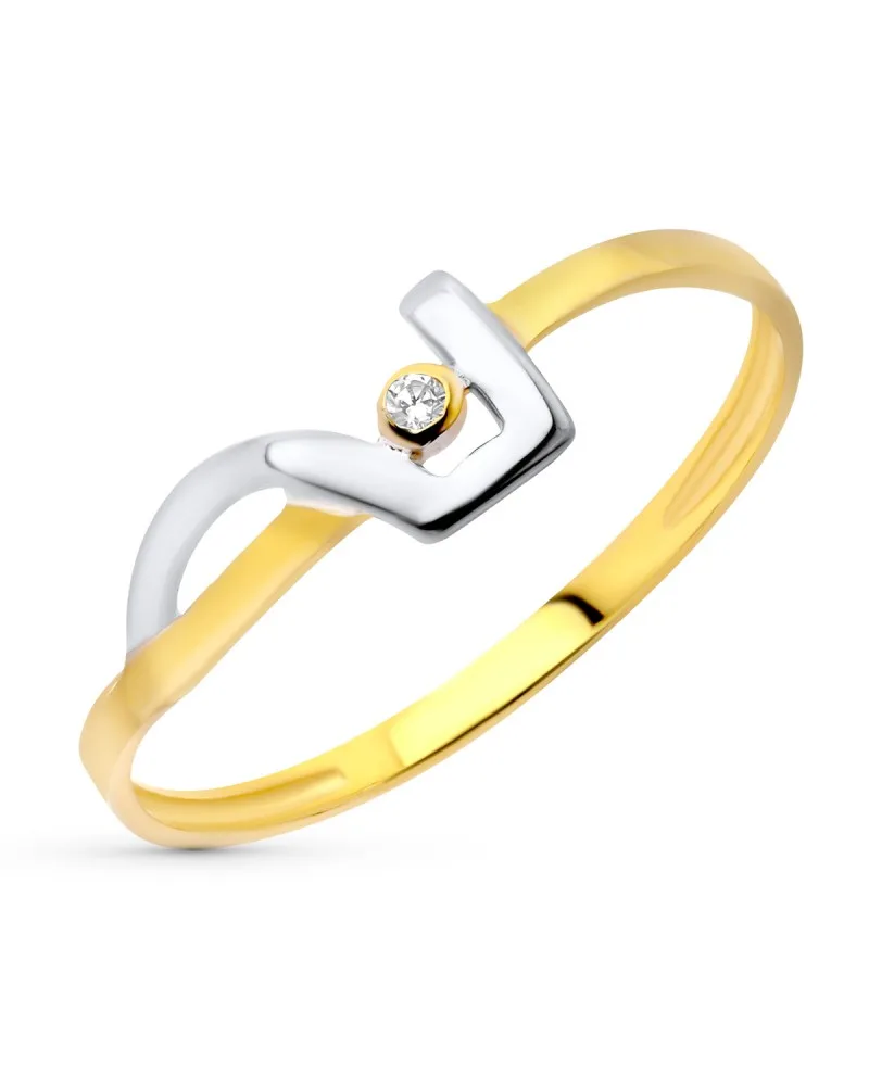 Sortija oro 18k bicolor con motivo geométrico y circonita