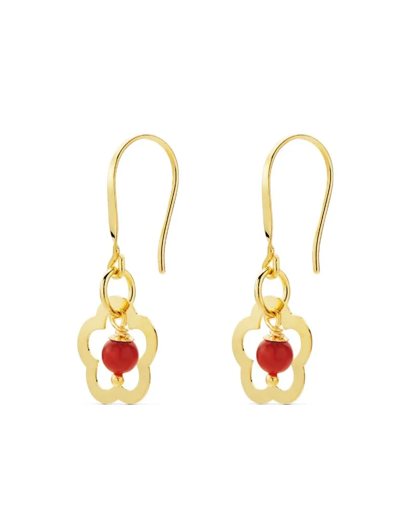 Pendientes oro 18k amarillo flor con coral
