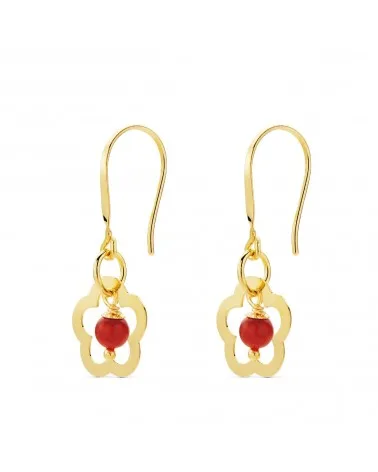 Pendientes oro 18k amarillo flor con coral