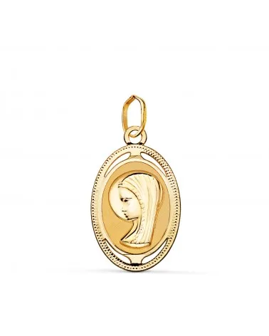 Medalla oro 18k amarillo oval Virgen Niña con borde tallado