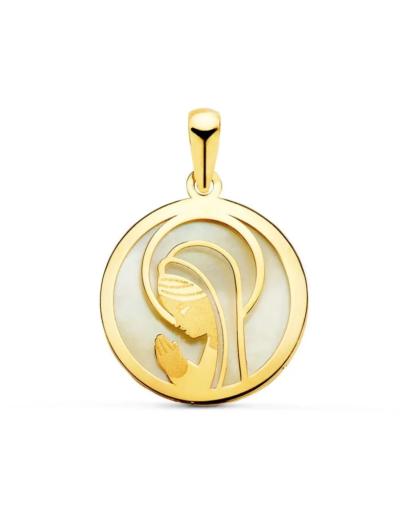 Medalla oro 18k amarillo Virgen Niña nácar redonda 17 mm