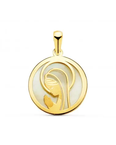 Medalla oro 18k amarillo Virgen Niña nácar redonda 17 mm