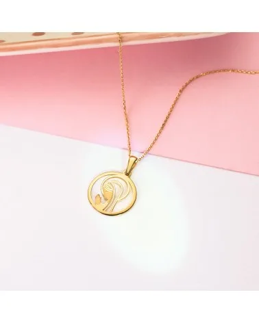 Medalla oro 18k amarillo Virgen Niña nácar redonda 17 mm