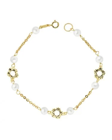 Pulsera oro 18k amarillo flor y perlas 5 mm 18 cm
