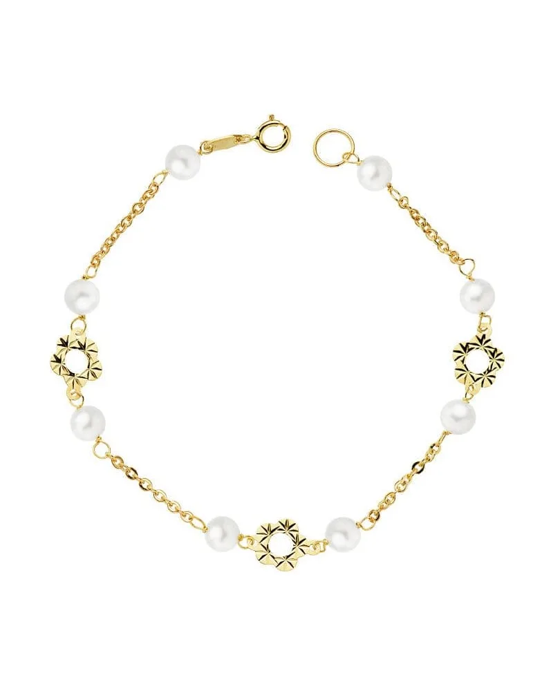 Pulsera oro 18k amarillo flor y perlas 5 mm 18 cm