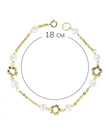 Pulsera oro 18k amarillo flor y perlas 5 mm 18 cm