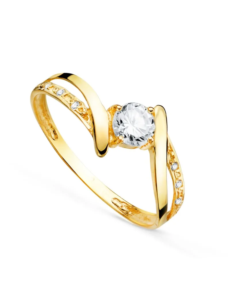 Solitario oro 18k amarillo cruzado con circonita de 4 mm