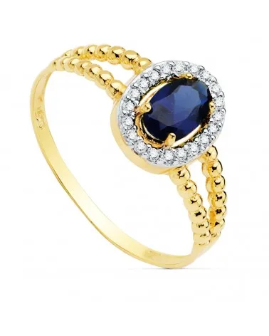 Sortija oro 18k bicolor zafiro 6x4 mm con circonitas doble