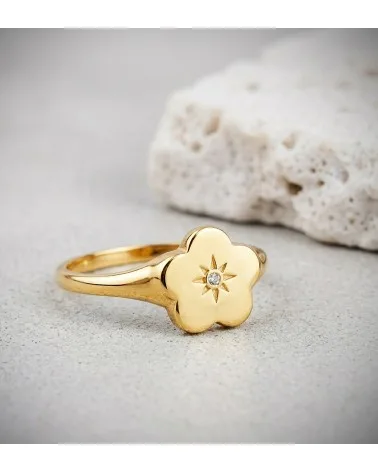 Sello oro 18k amarillo mujer cabeza flor con circonita 9x8 mm