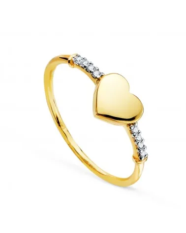 Sortija oro 18k bicolor corazón liso con lateral de circonitas