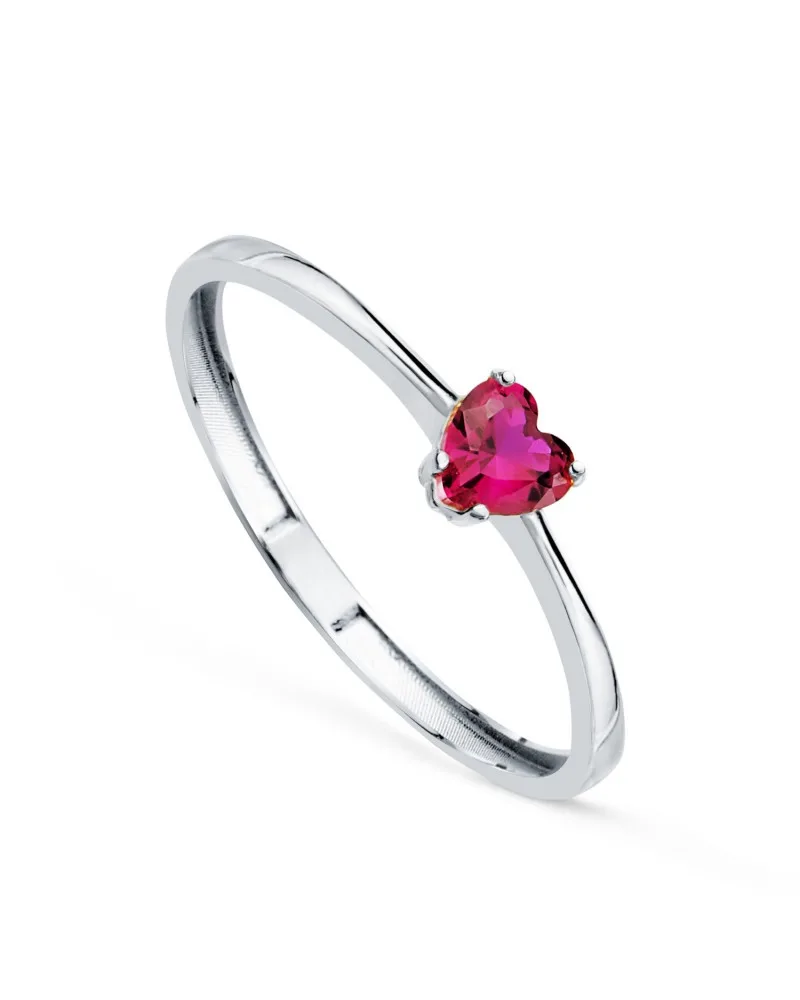 Sortija oro 18k blanco corazón de corindón reconstruido en garras