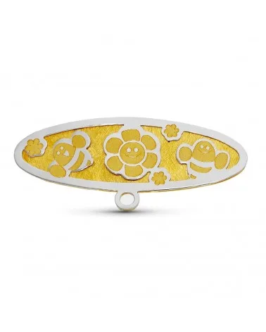 Alfiler oro 18k bicolor abejas y flor 28x9mm