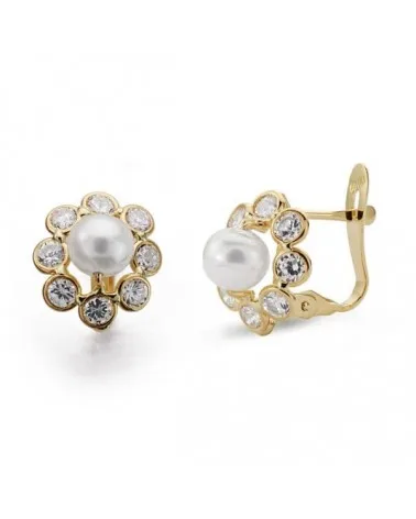 Pendientes oro 18k perla circonita cierre catalán 11x9 mm