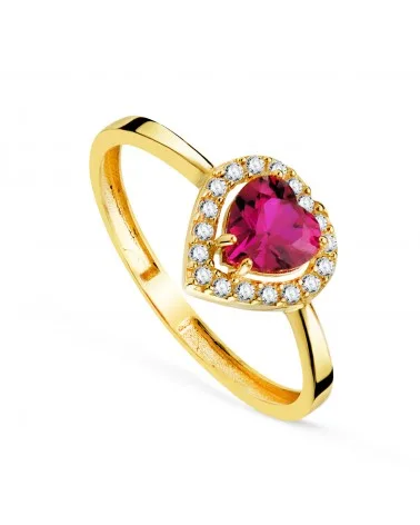 Sortija oro 18k amarillo corazón de corindón reconstruido con orla de circonitas