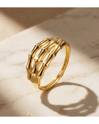 Sortija oro 18k amarillo con triple cuerpo de bambú brillo