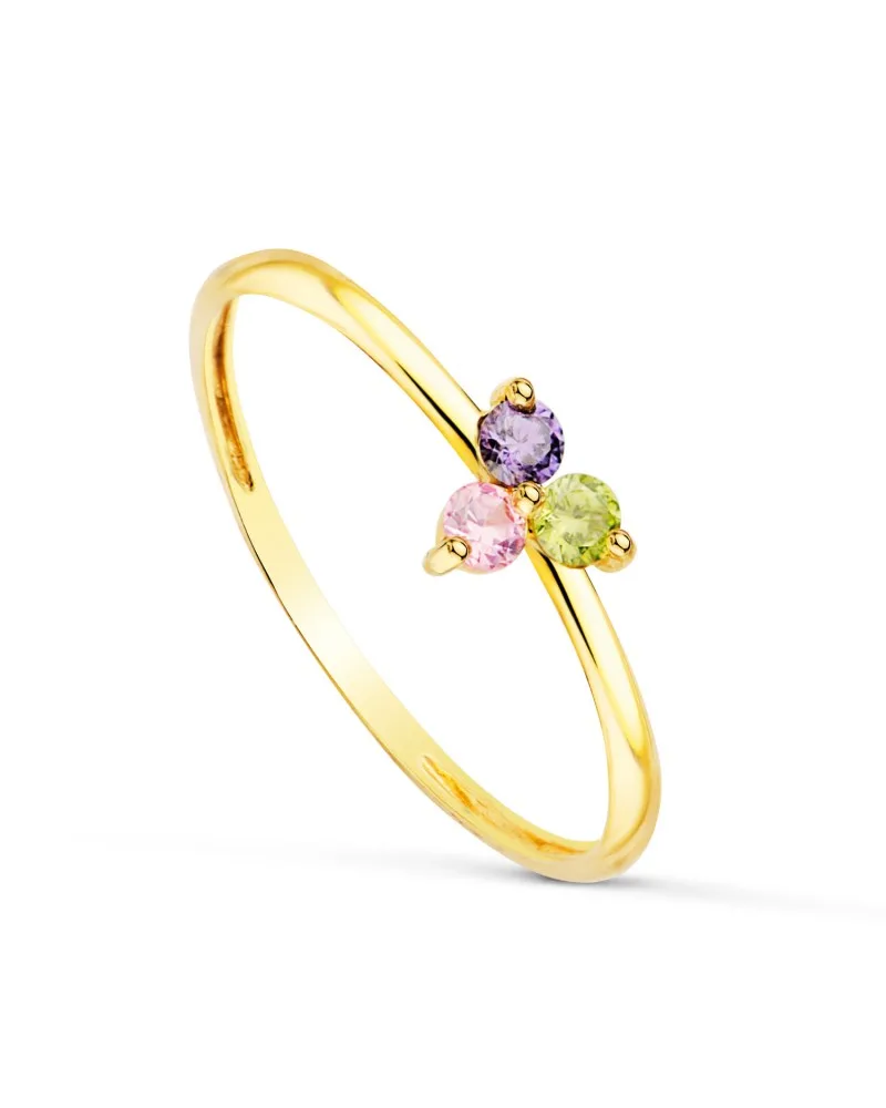 Sortija oro 18k amarillo triángulo con circonitas colores