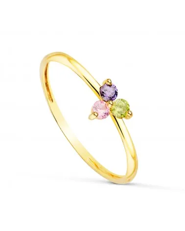 Sortija oro 18k amarillo triángulo con circonitas colores